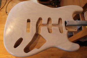Stratocaster body now has a coat of white blond nitrocellulose lacquer
